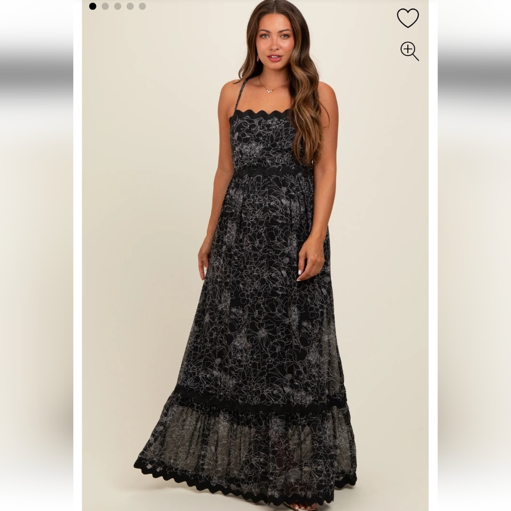 PinkBlush Maternity Maxi Wedding Guest Dress, Black Floral Contrast Trim